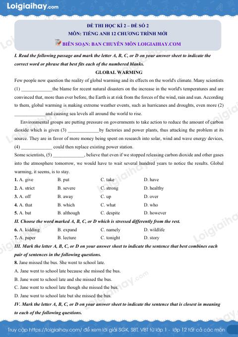 Đề số 2 - Đề thi cuối học kì 2 - Tiếng Anh 12 mới
